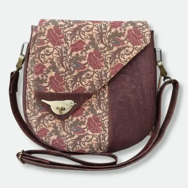 Schoudertas dames handgemaakt van kurk voorkant schoudertas dames bruin kurk met mooie rozen voorkant