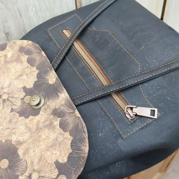 rugtas zwart met klep plat met detail stiksels rugtas zwart kurk met klep zijkant detail