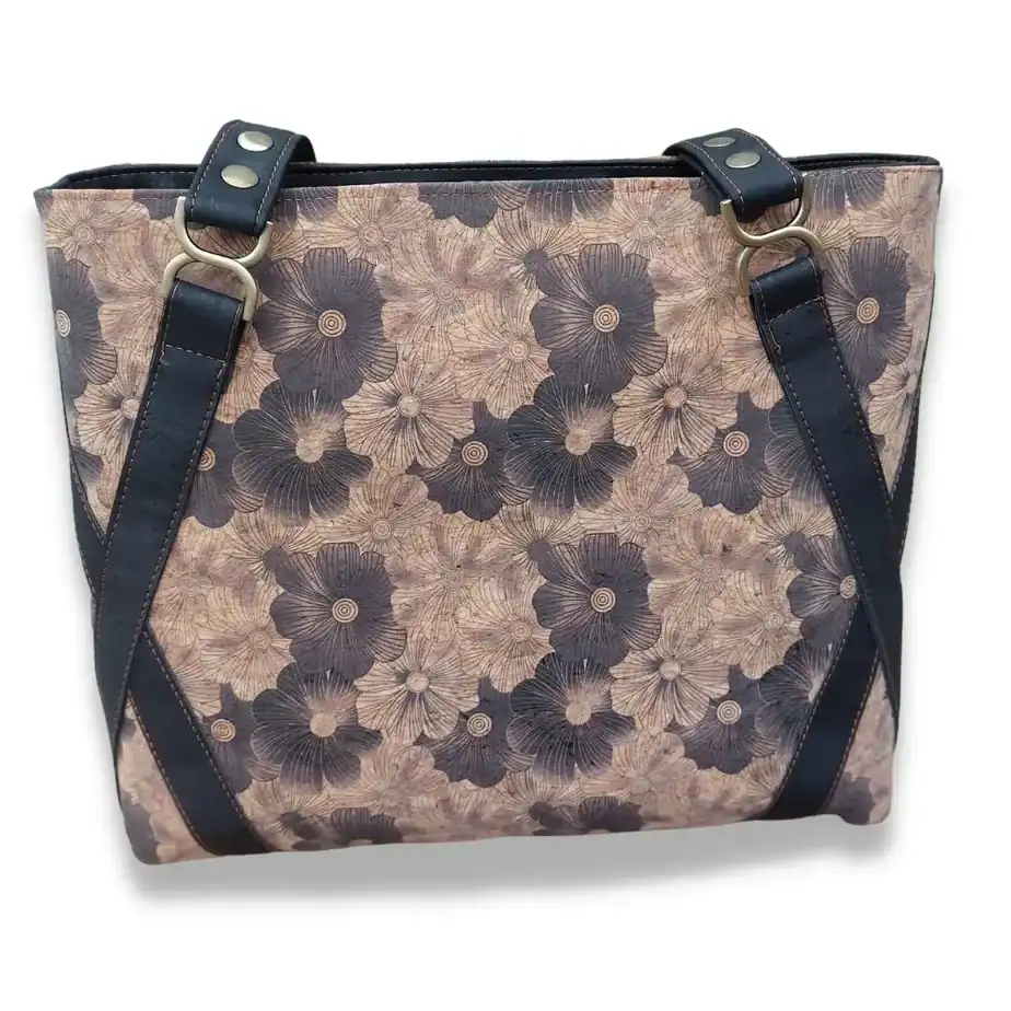 Kurk schoudertas zwarte bloem achterkant Schoudertas zwart kurk met mooie zwarte bloemen achterkant