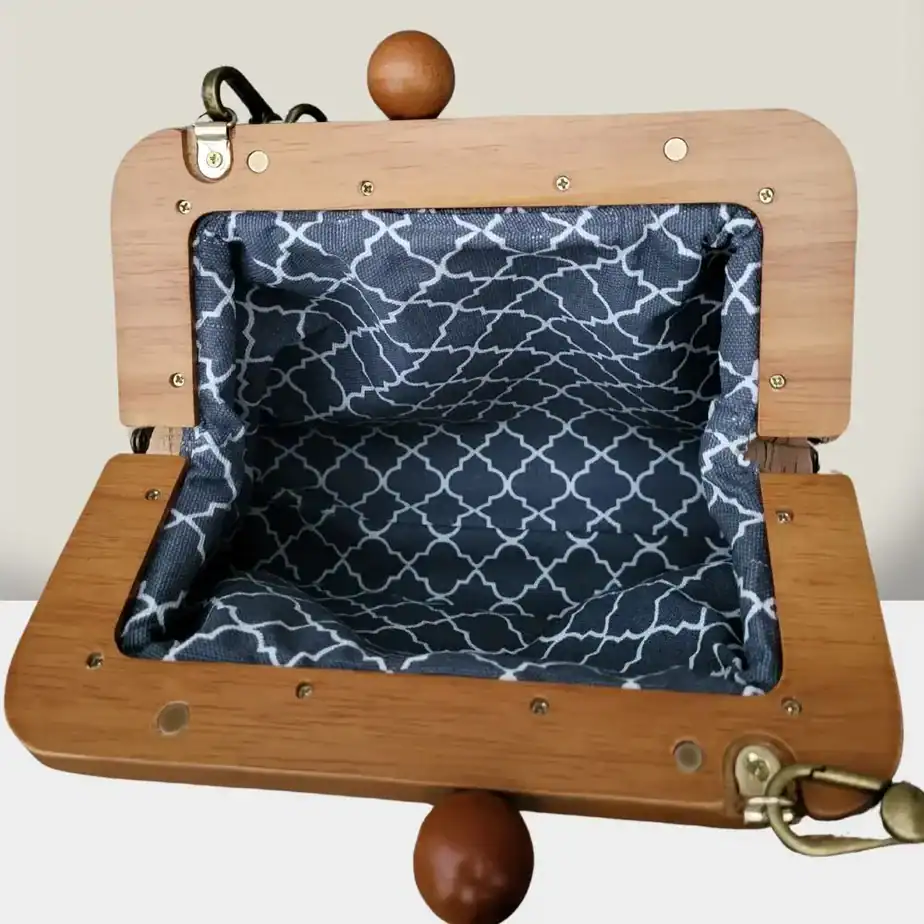 Kurk tas naturel met houten beugel binnenkant