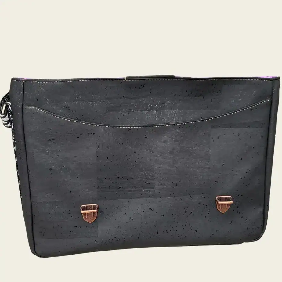 Zwarte laptop tas kurk voorkant open vak laptop tas zwart kurk voorkant open