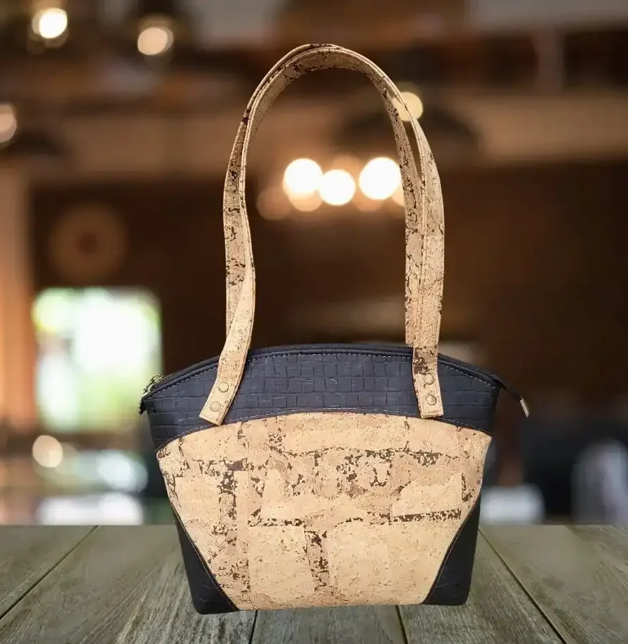 Kurk handtas naturel met zwart