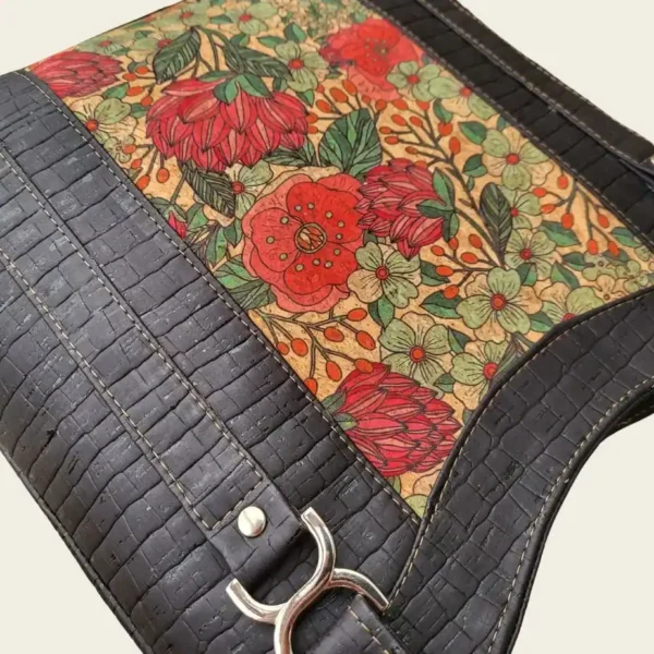 Shopper zwart kurk met rode bloemen detail