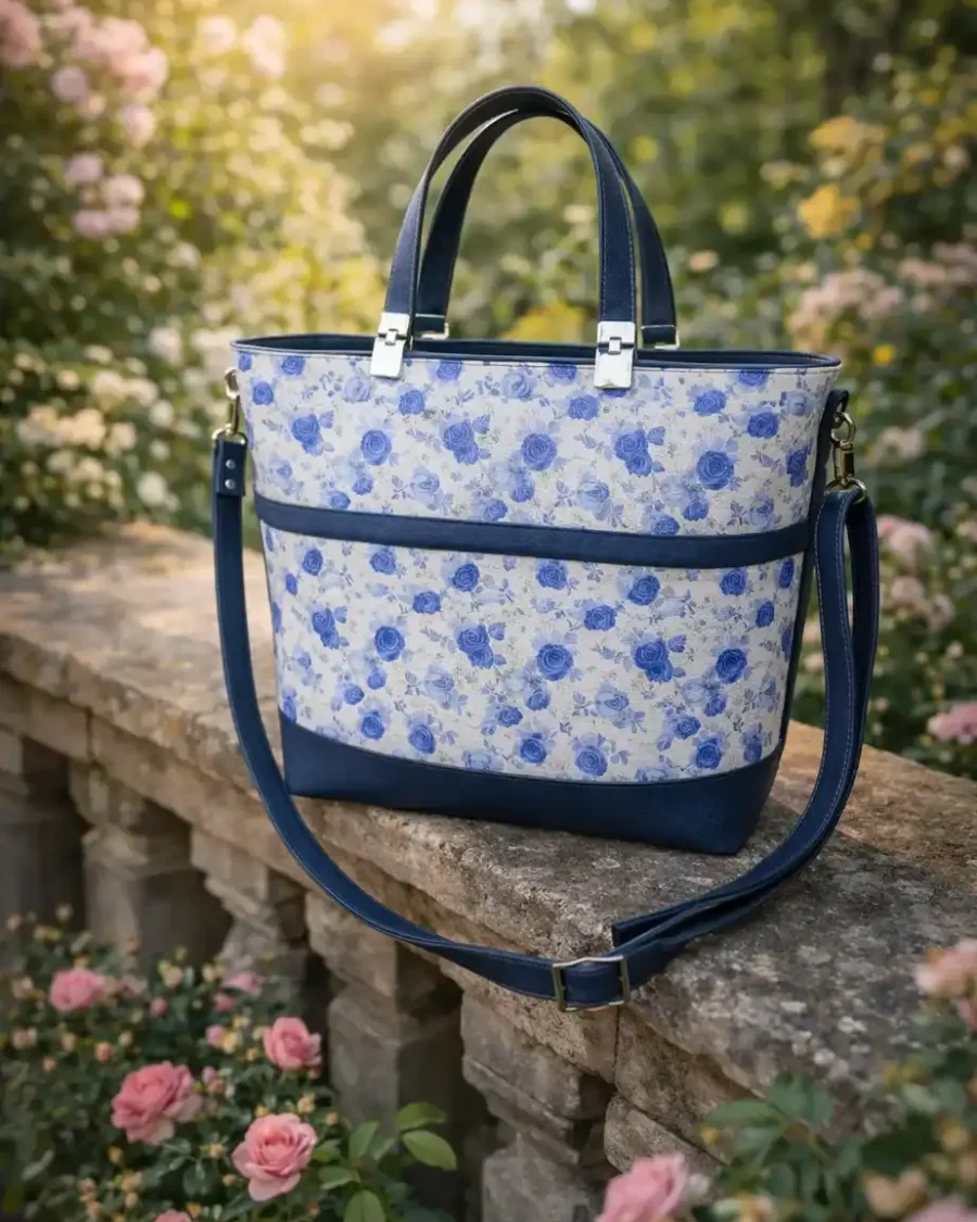 blauwe shopper tas Shopper blauw kurk met blauwe rozen