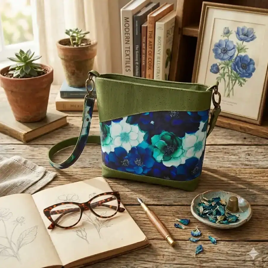 crossbodygroen1 Handgemaakte groene kurken schoudertas met bloemen