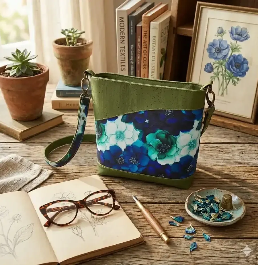 crossbodygroen1 Handgemaakte groene kurken schoudertas met bloemen