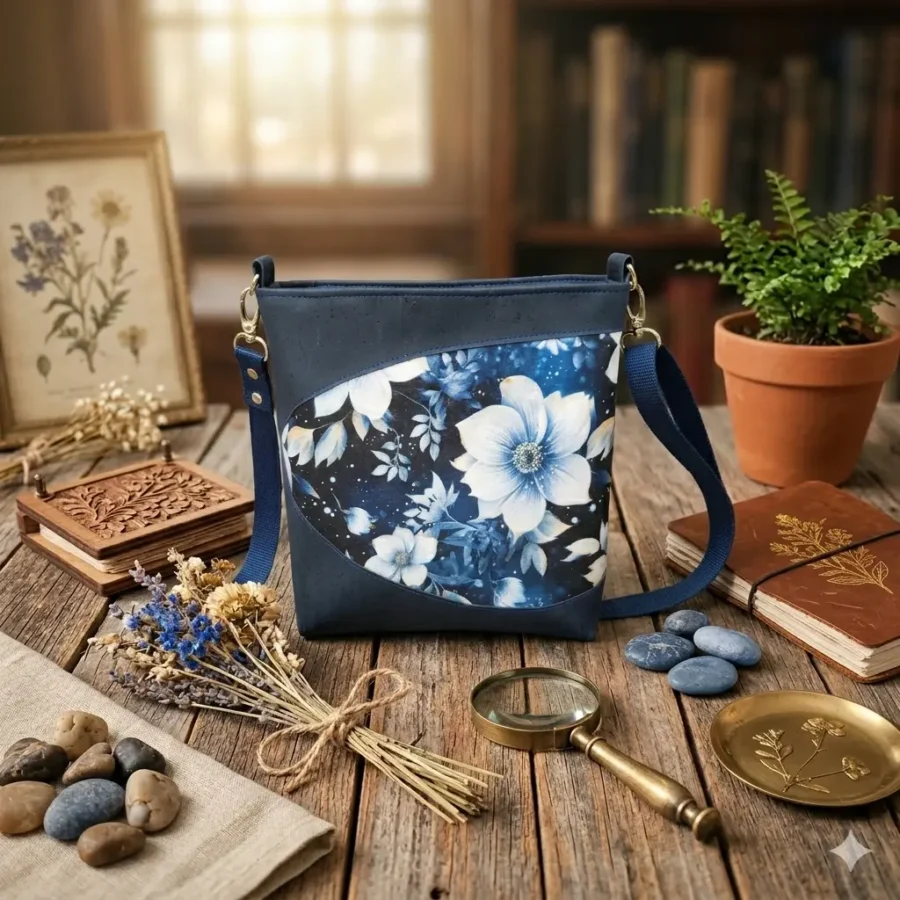 Klein kurk tasje donkerblauw met witte bloemen