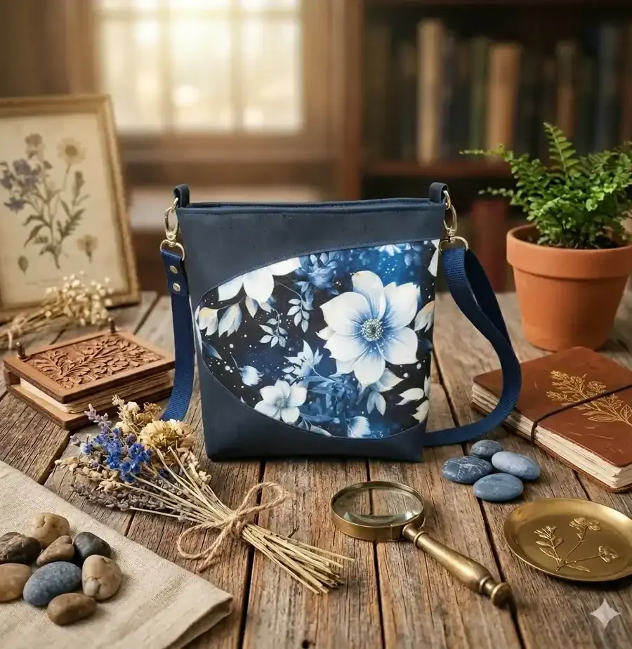 Klein kurk tasje donkerblauw met witte bloemen