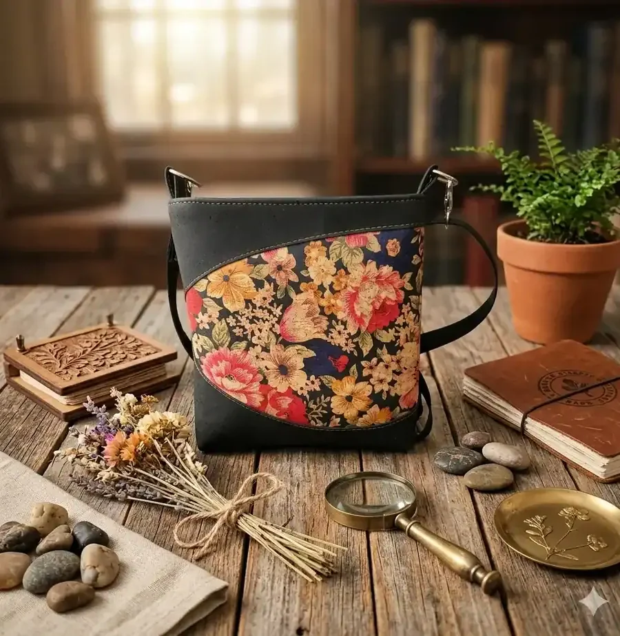 Zwart kurk tasje met rode bloemen