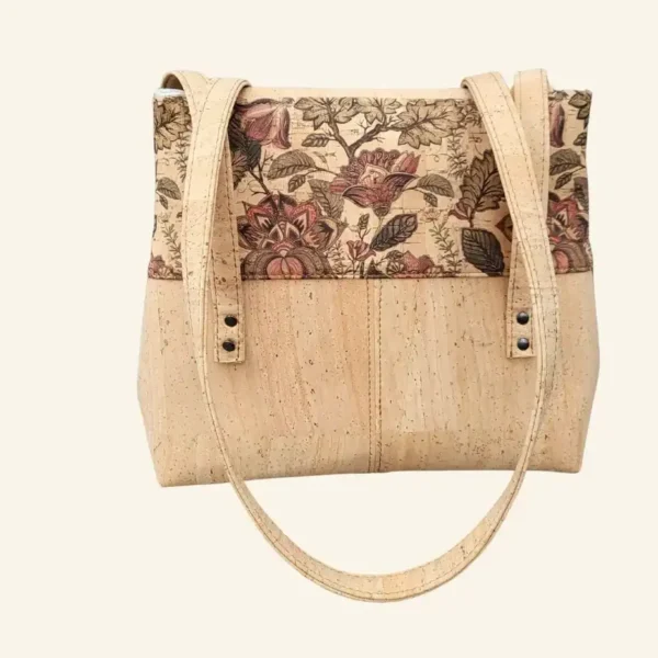 Schoudertas naturel kurk met draaislot achterkant Schoudertas naturel kurk met botanische bloemen achterkant
