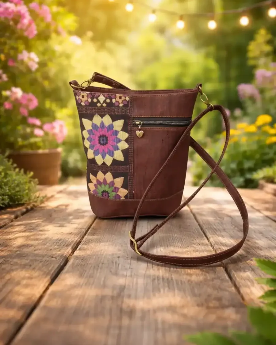 bruine schoudertas met bloem Handgemaakte crossbody tas van kurk met vintage bloemen.