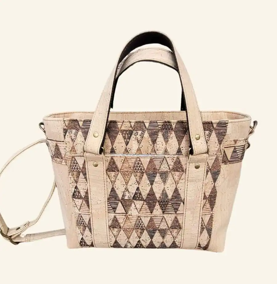 Handgemaakte kurk schoudertas met ruitpatroon achterkant