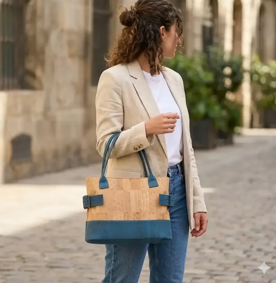 Handtas naturel met blauw kurk gedragen