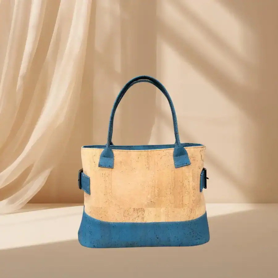 Handtas naturel met blauw kurk achterkant