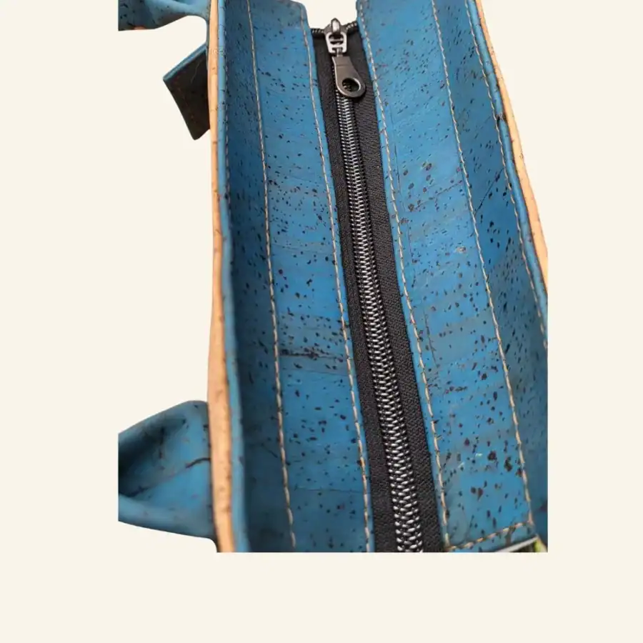 Handtas naturel met blauw kurk bovenkant