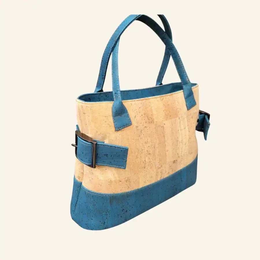 Handtas naturel met blauw kurk zijkant