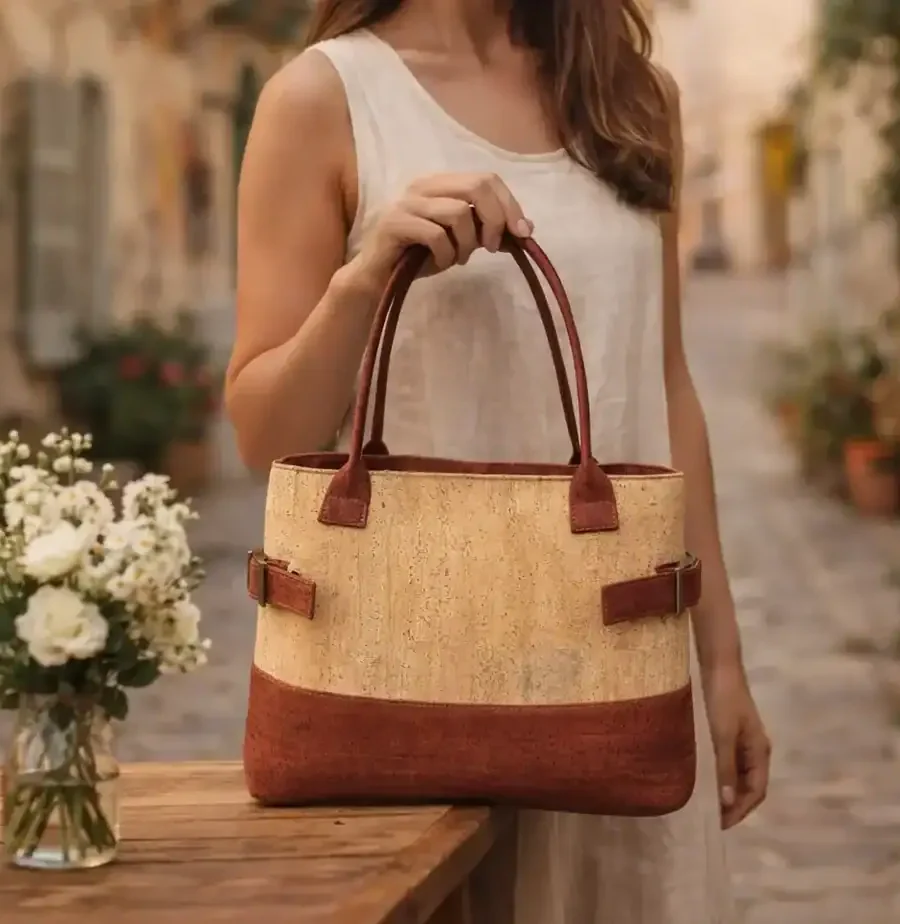 handtas rood met naturel kurk gedragen handgemaakte rode handtas met naturel kurk