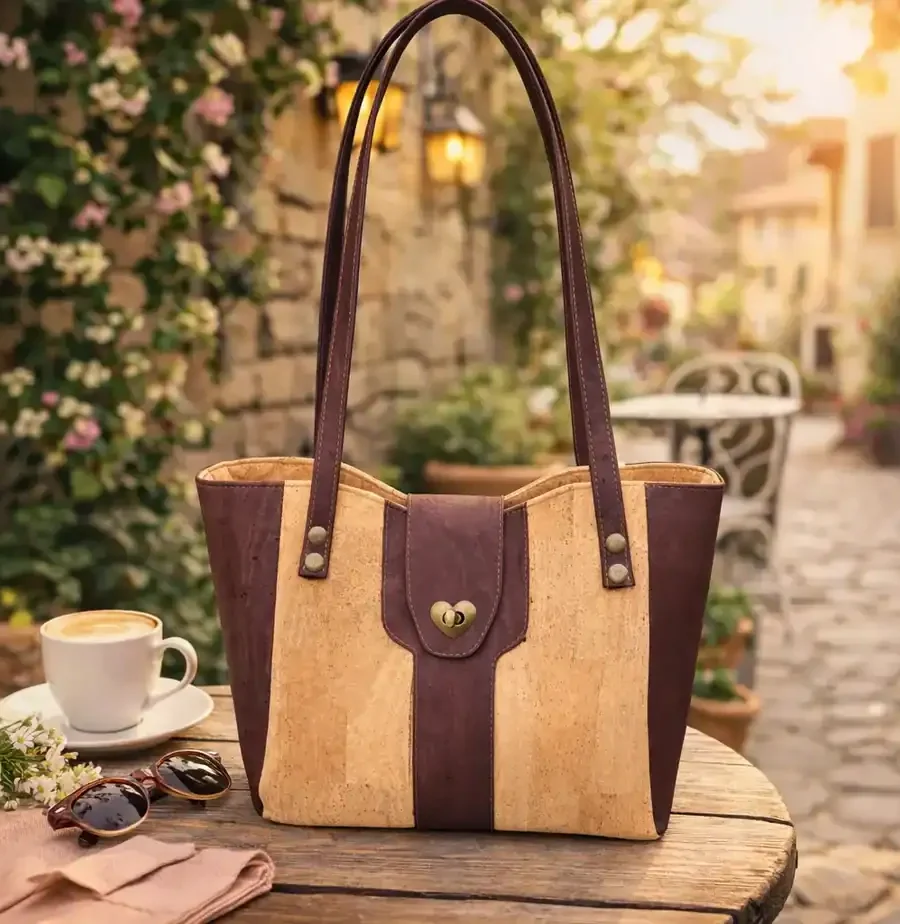 schoudertas naturel met bruin kurk goed Schoudertas naturel met bruin kurk