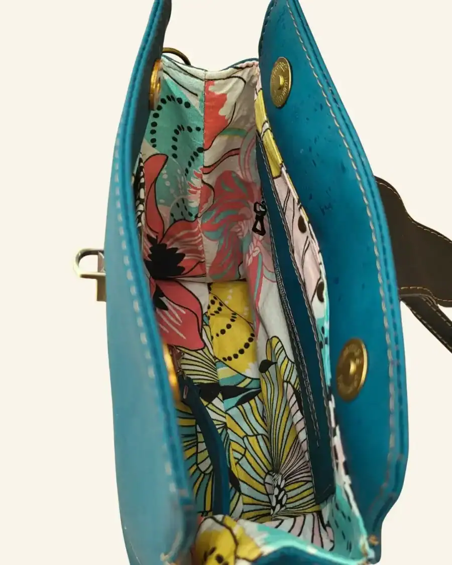 Kurk crossbody tas turquoise binnenkant