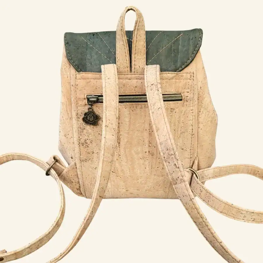 Kurk rugtas naturel met groen bladmotief achterkant