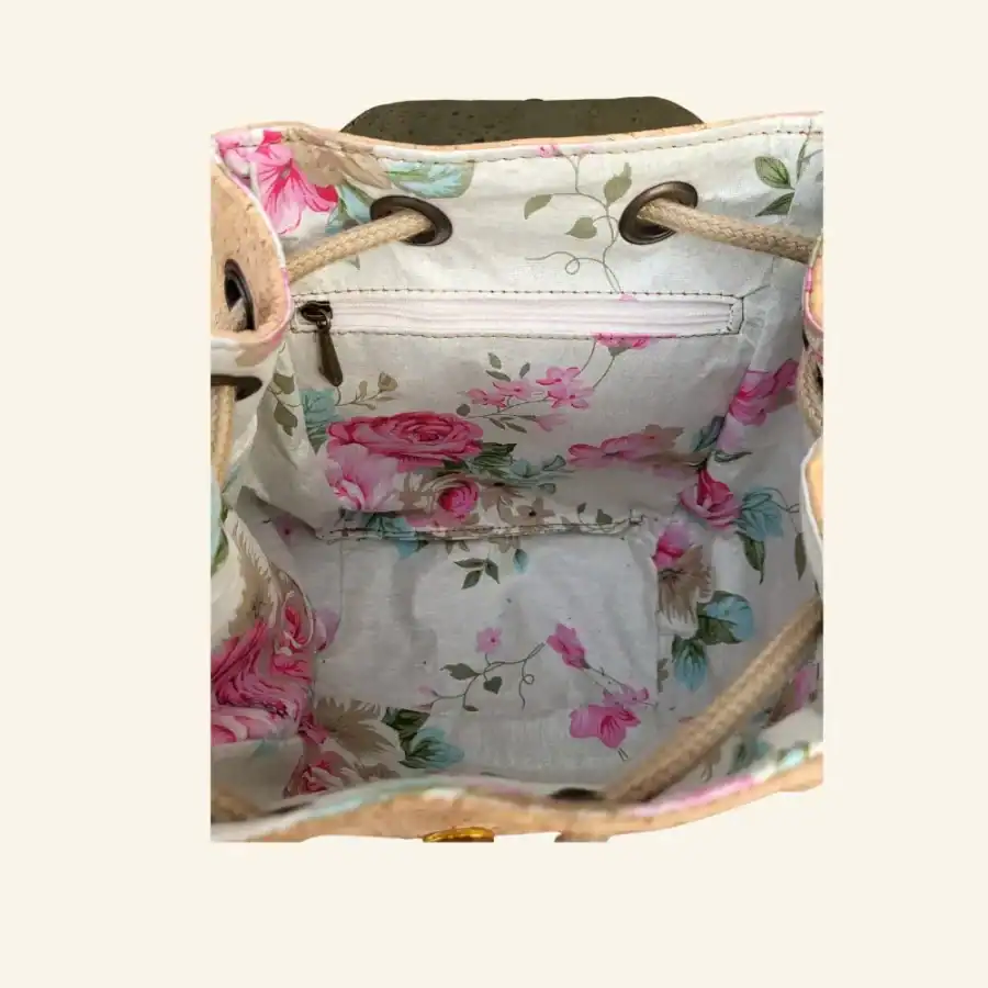 Kurk rugtas naturel met groen bladmotief binnenkant