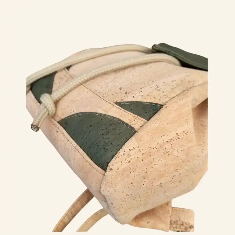 Kurk rugtas naturel met groen bladmotief detail