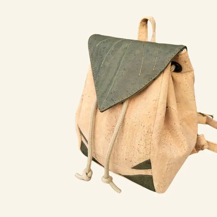 Kurk rugtas naturel met groen bladmotief overzicht