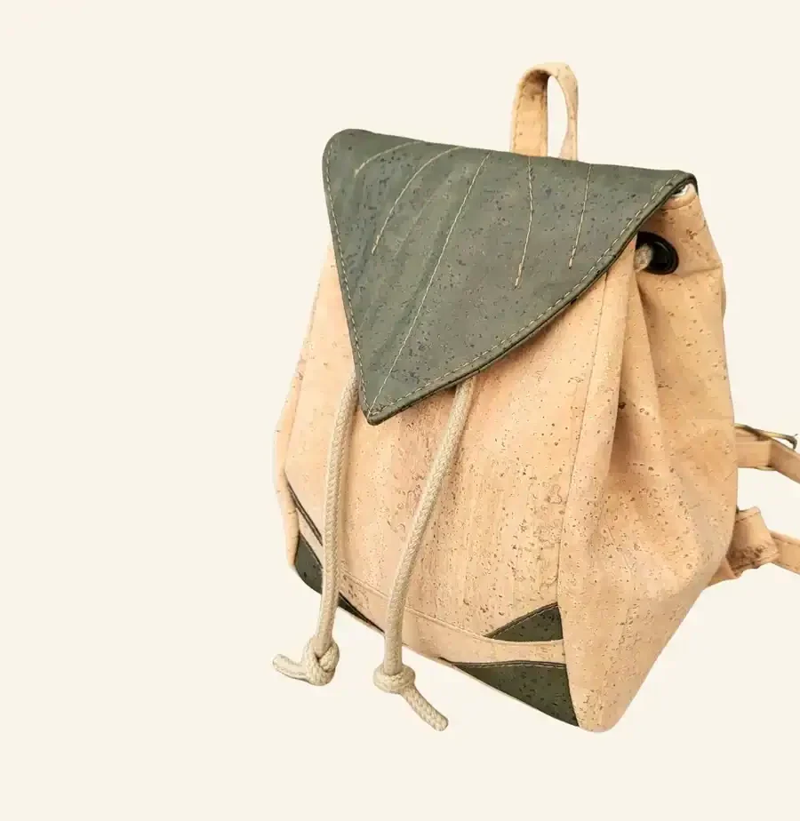 Kurk rugtas naturel met groen bladmotief overzicht