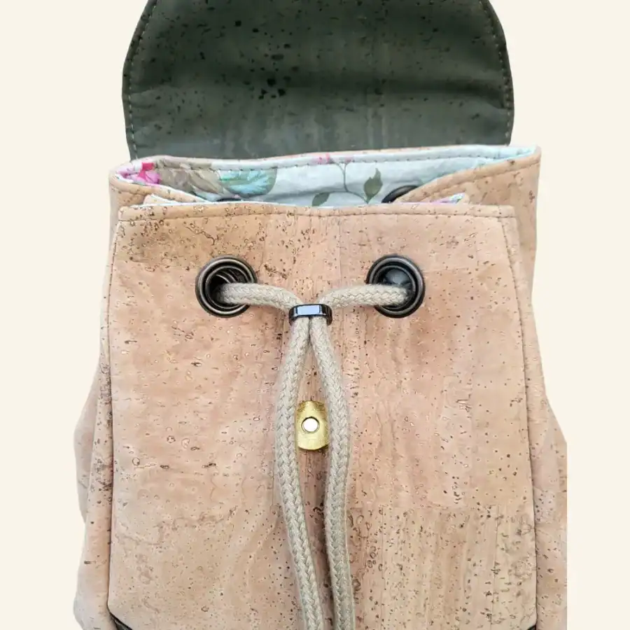 Kurk rugtas naturel met groen bladmotief voorkant open