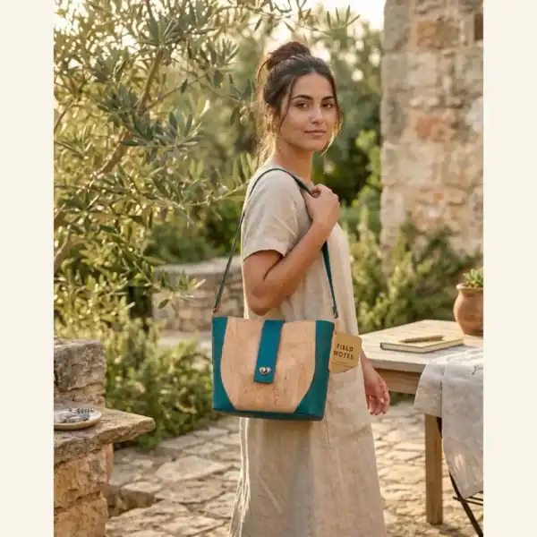 Ken jij kurk tassen? baby zacht en heerlijk licht om te dragen Schoudertas naturel met teal