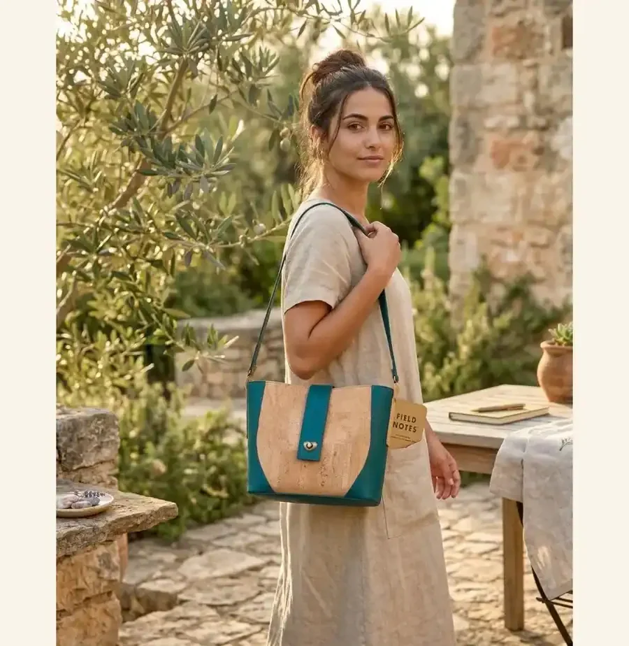 Schoudertas naturel met teal