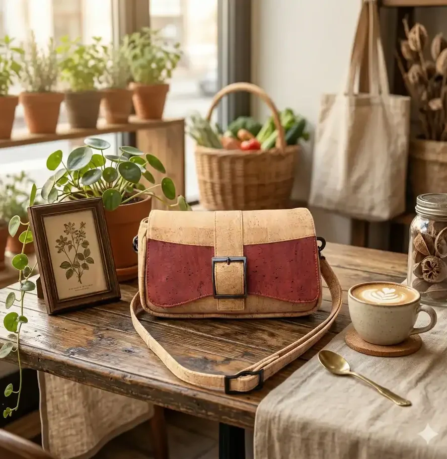 crossbody tas naturel met rood kurk